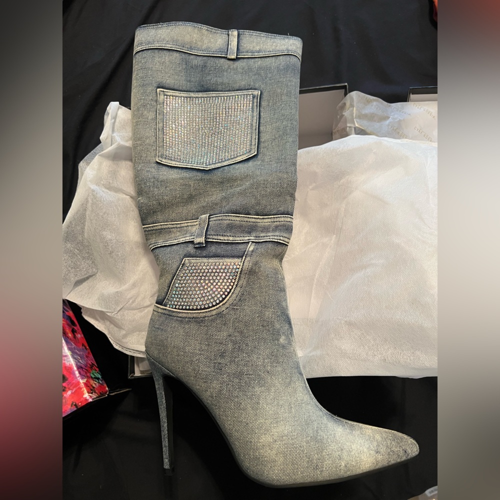 Cape Robbin Denim Stiletto Boots with Rhinestone Accents